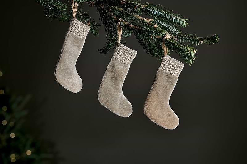 nkuku CHRISTMAS DECORATIONS Karru Cotton Velvet Mini Stocking - Light Grey - (Set of 3)