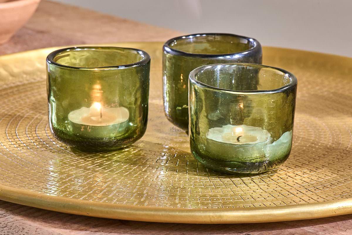Irda Glass Small Tealight - Dark Emerald - Small (Set of 3)-nkuku