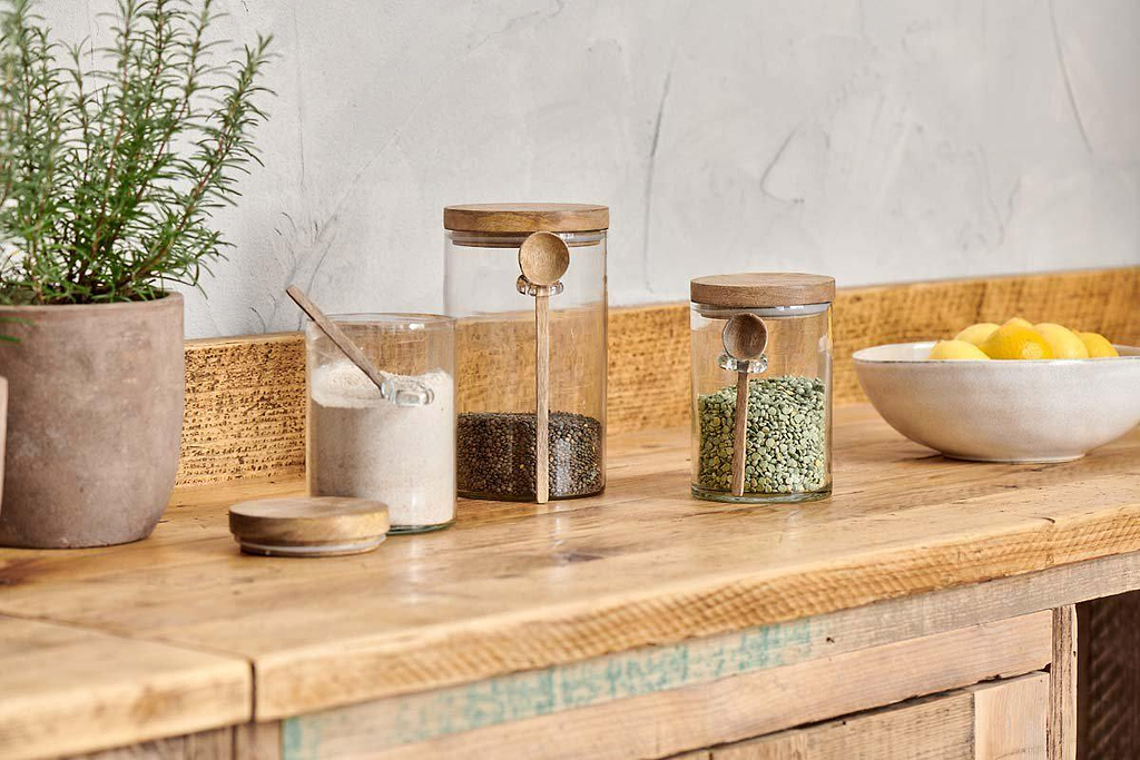 Rustic kitchen food storage arrangement in glass jars Stock Photo by  sonyakamoz