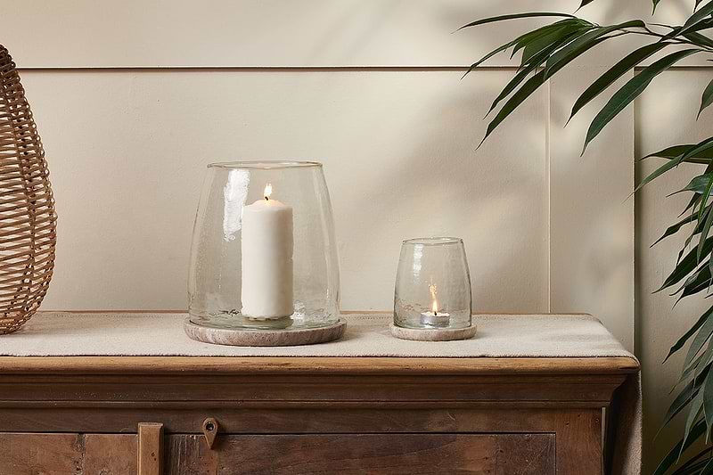 nkuku CANDLES HOLDERS & LANTERNS Sikkim Marble And Recycled Glass Lantern - Clear