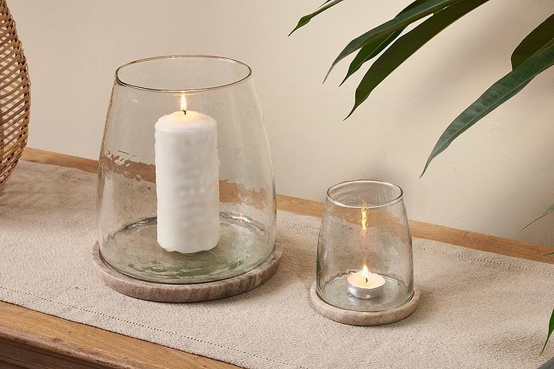 nkuku CANDLES HOLDERS & LANTERNS Sikkim Marble And Recycled Glass Lantern - Clear