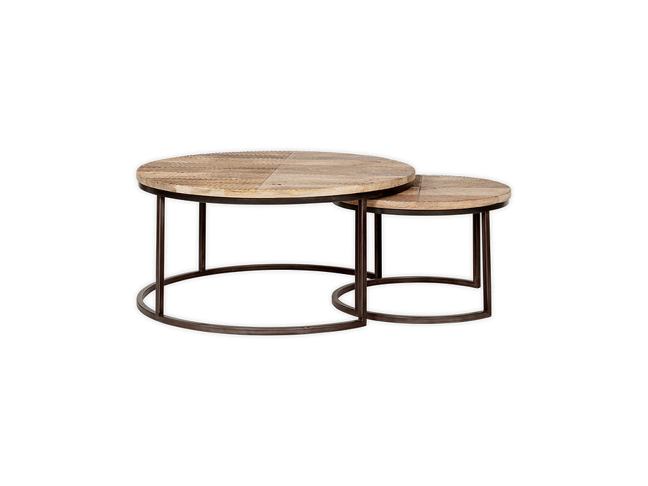 Aasha Carved Mango Wood & Iron Nesting Coffee Tables - Natural - (Set of 2)