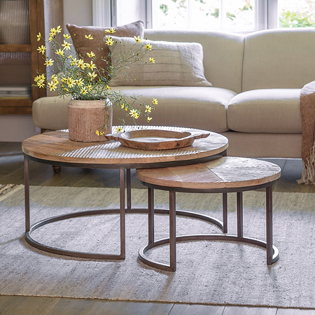 Aasha Carved Mango Wood & Iron Nesting Coffee Tables - Natural - (Set of 2)-nkuku