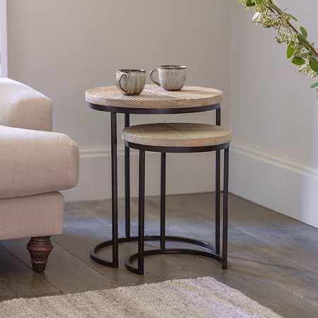 Aasha Carved Mango Wood & Iron Nesting Side Tables - Natural - (Set of 2)-nkuku