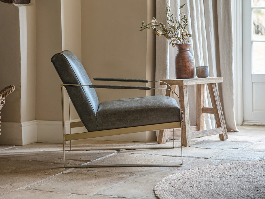 Adra Leather & Brass Occasional Chair - Moss Green