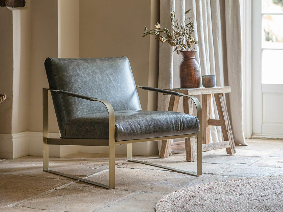 Adra Leather & Brass Occasional Chair - Moss Green