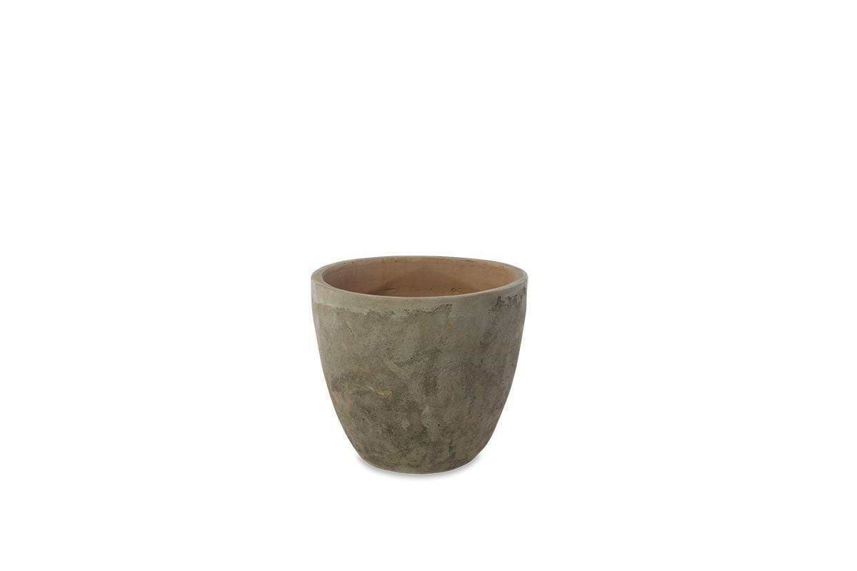 The nkuku Affiti Clay Planter - Medium features a plain, round design in a stone hue with a slightly rough texture. Tapered at the base, it channels rustic garden decor charm and is shown against a white background.