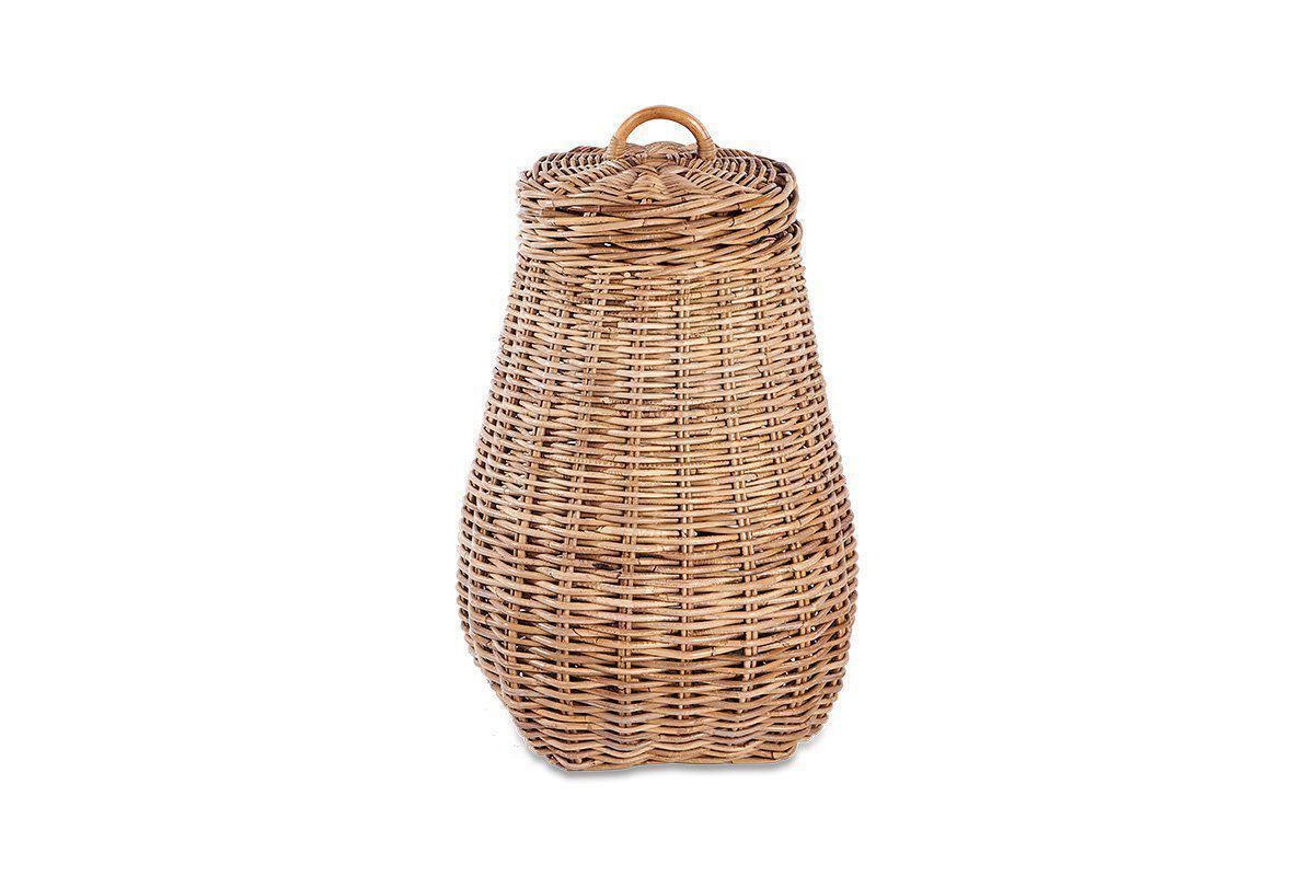 The Amandi Rattan Laundry Bin by nkuku features a tall, oval design with a tightly woven light brown natural rattan pattern, curved sides for rustic charm, and a fitted lid with a loop handle—ideal for stylish bathroom storage.