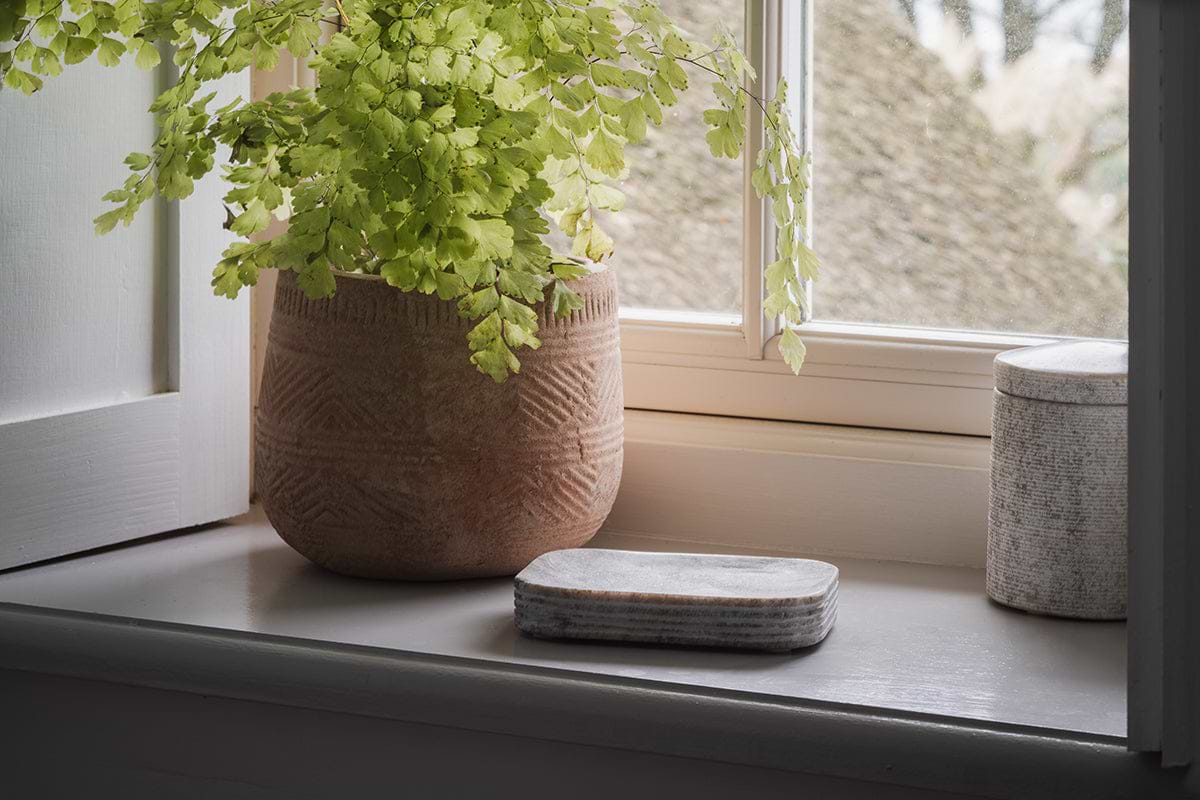 A leafy fern in a terracotta pot sits on a windowsill beside the Asana Marble Soap Dish - Grey by nkuku and a white cylindrical container. Sunlight from the white-framed window creates a tranquil, inviting atmosphere.