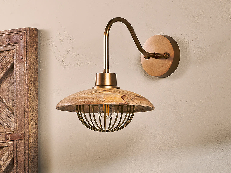 Chakai Mango Wood Wall Lamp - Natural & Antique Brass