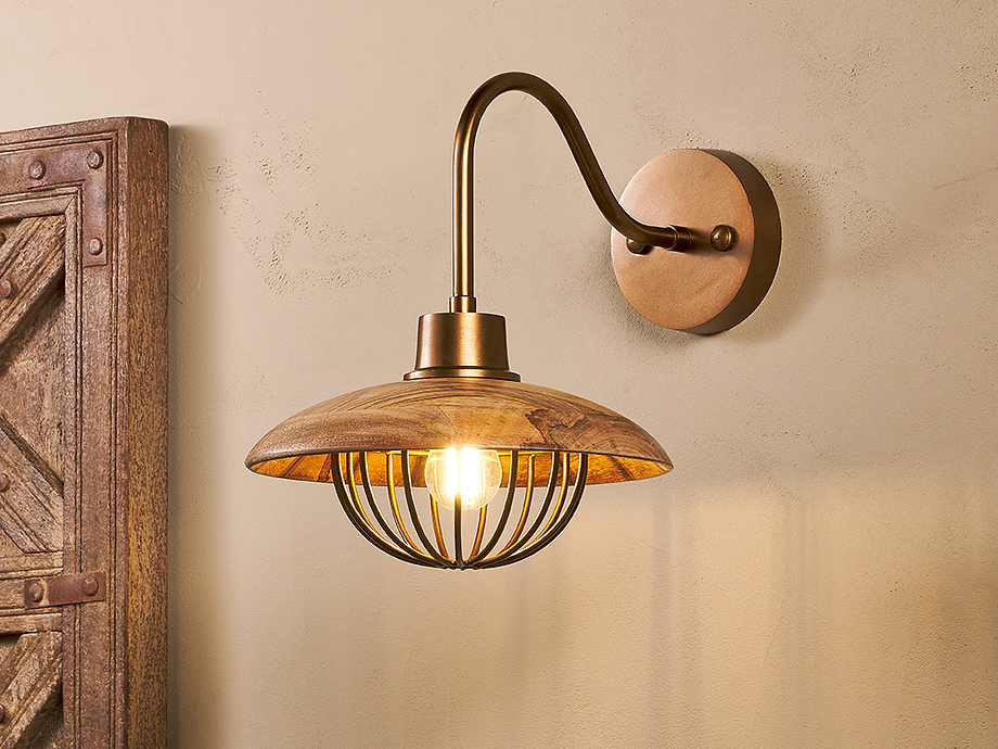 Chakai Mango Wood Wall Lamp - Natural & Antique Brass