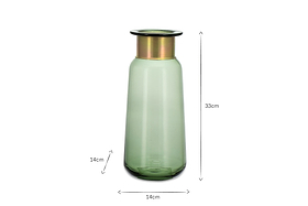 The nkuku Miza Glass Vase - Green is a tall, cylindrical vase with a wide gold rim, measuring 33 cm high and 14 cm in diameter at the base and neck.