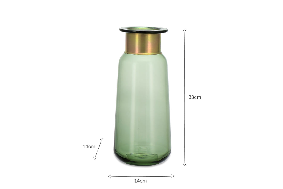 The nkuku Miza Glass Vase - Green is a tall, cylindrical vase with a wide gold rim, measuring 33 cm high and 14 cm in diameter at the base and neck.