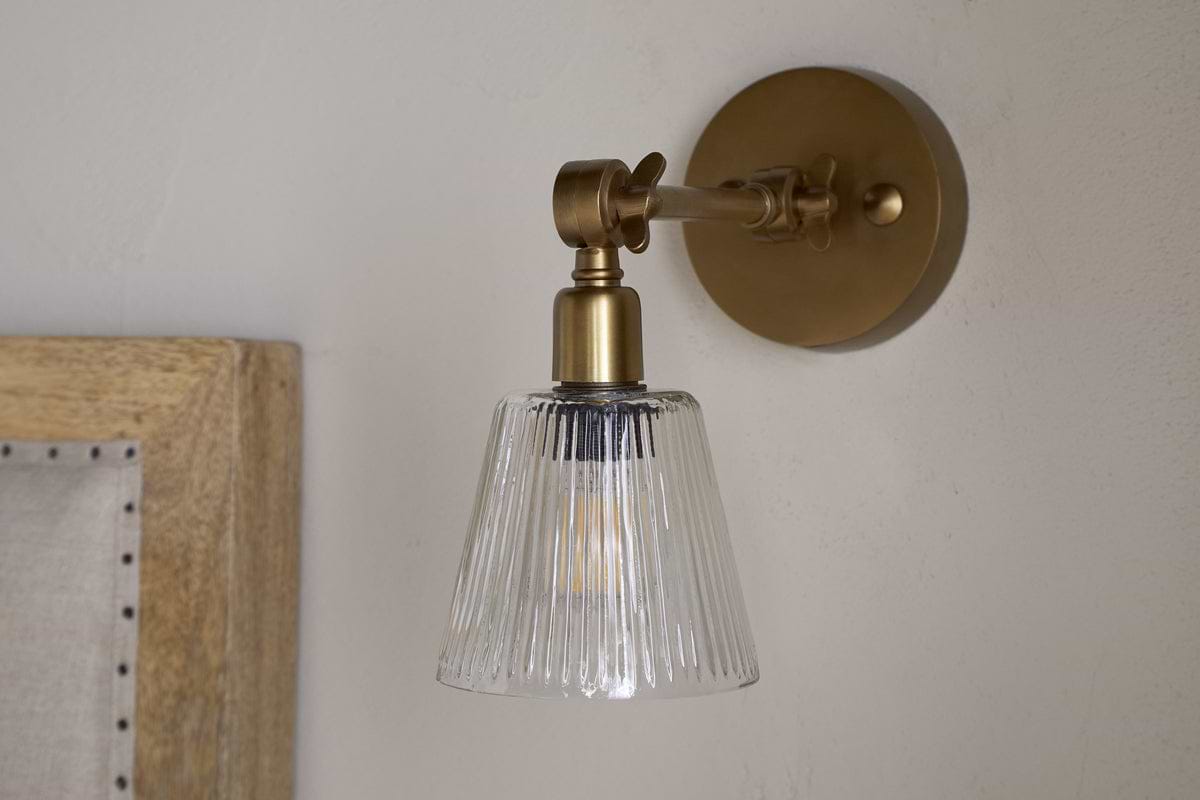 Davika Ribbed Glass Task Wall Lamp - Clear & Antique Brass-nkuku