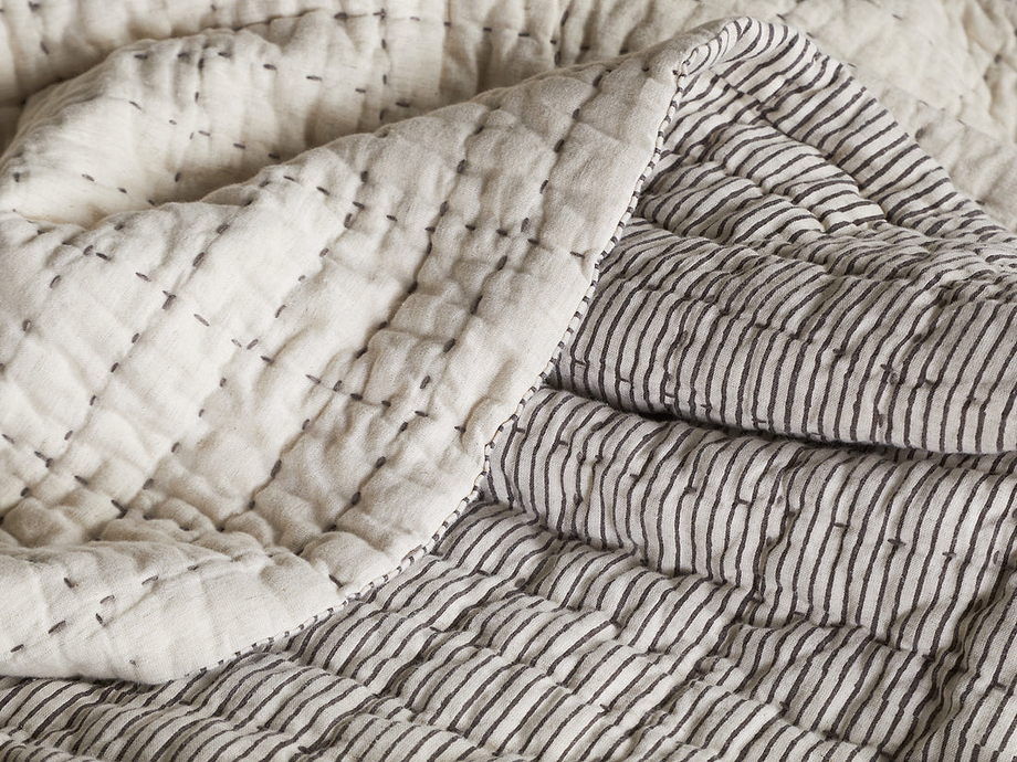 Dipti Cotton & Linen Block Print Bed Quilt - Charcoal