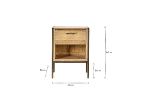 The nkuku Dasai Mango Wood Bedside Table has a black iron frame, one drawer, and an open shelf. Dimensions: 60cm high, 45cm wide; shelf at 40cm with 18cm space under the drawer. Shown on white background with dimension arrows.