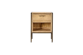 The Dasai Mango Wood Bedside Table by nkuku features a natural-finish mango wood top, an iron frame, one drawer with a horizontal handle, and an open shelf below. Its minimalist design blends modern and industrial styles.