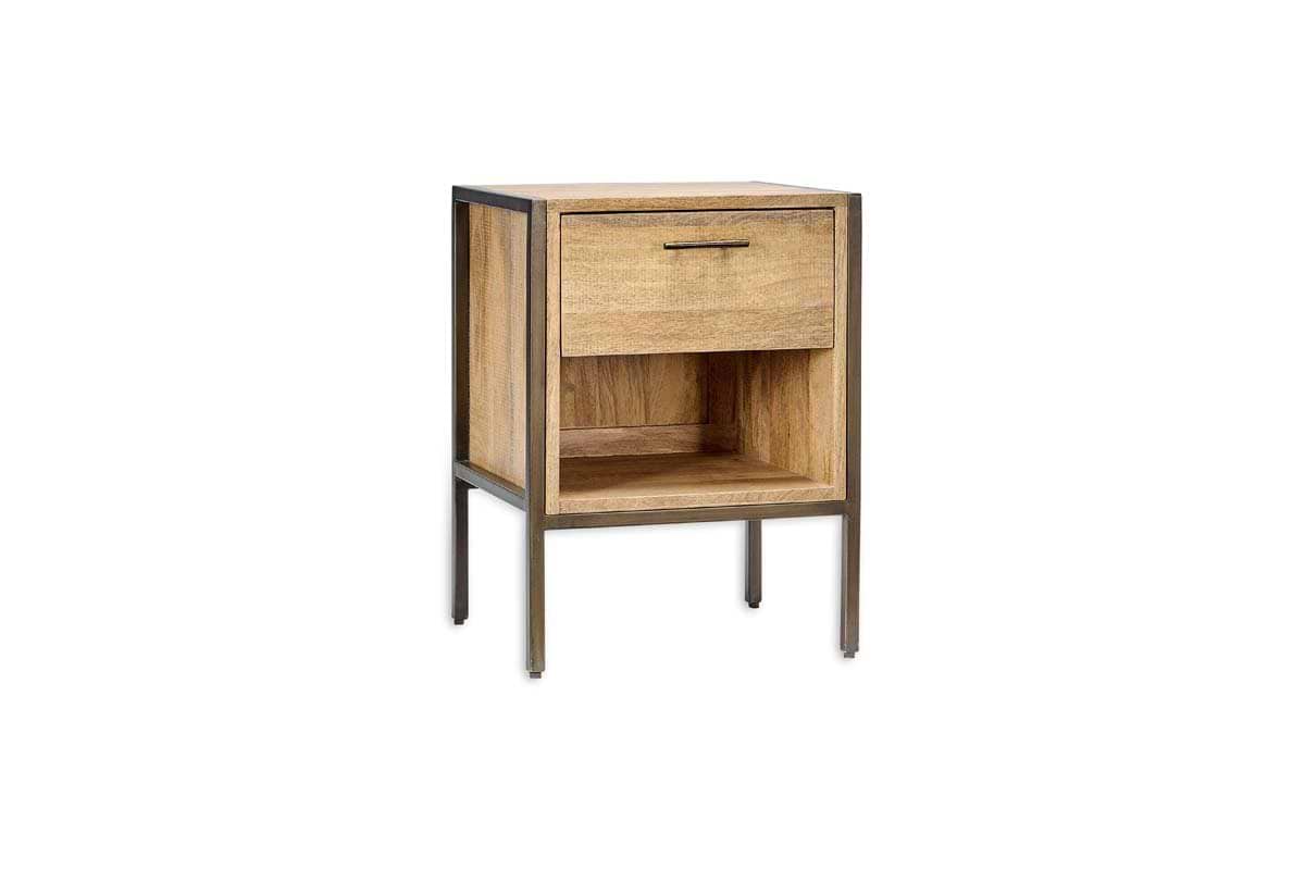 The Dasai Mango Wood Bedside Table by nkuku features a minimalist rectangular design in natural mango wood, a slim black iron frame, one drawer with a horizontal metal handle, and an open shelf that showcases the wood grain.