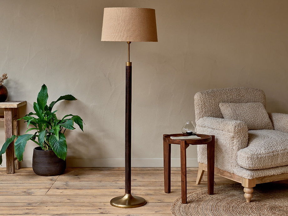 Digha Wood & Metal Floor Lamp - Dark Stain & Antique Brass