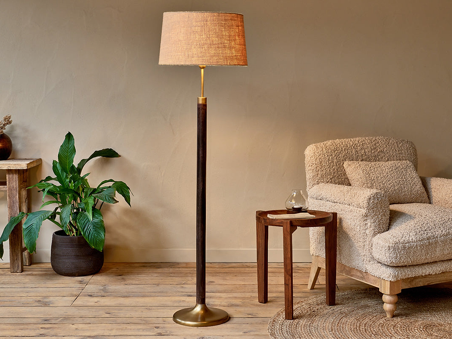 Digha Wood & Metal Floor Lamp - Dark Stain & Antique Brass