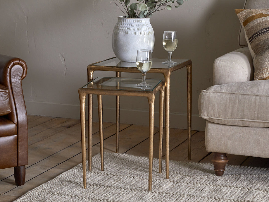Gilasi Cast Metal & Glass Nesting Side Tables - Antique Brass (Set of 2)