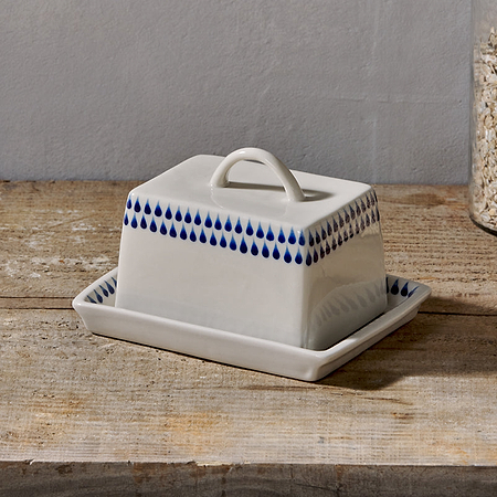 Indigo Drop Butter Dish - Cream & Indigo