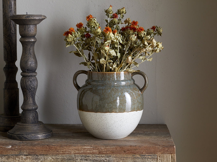 Inha Reactive Glaze Vase - Dark Olive & Natural