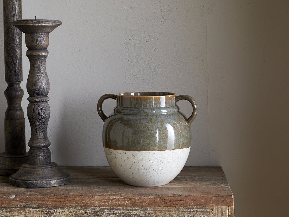 Inha Reactive Glaze Vase - Dark Olive & Natural