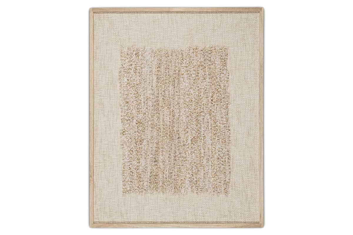 The nkuku Ikona Textured Wall Art - Natural features a beige and tan abstract design with vertical shaggy lines, bordered by light wood. Its tactile, woven details bring organic texture and contrast to any neutral wall décor.