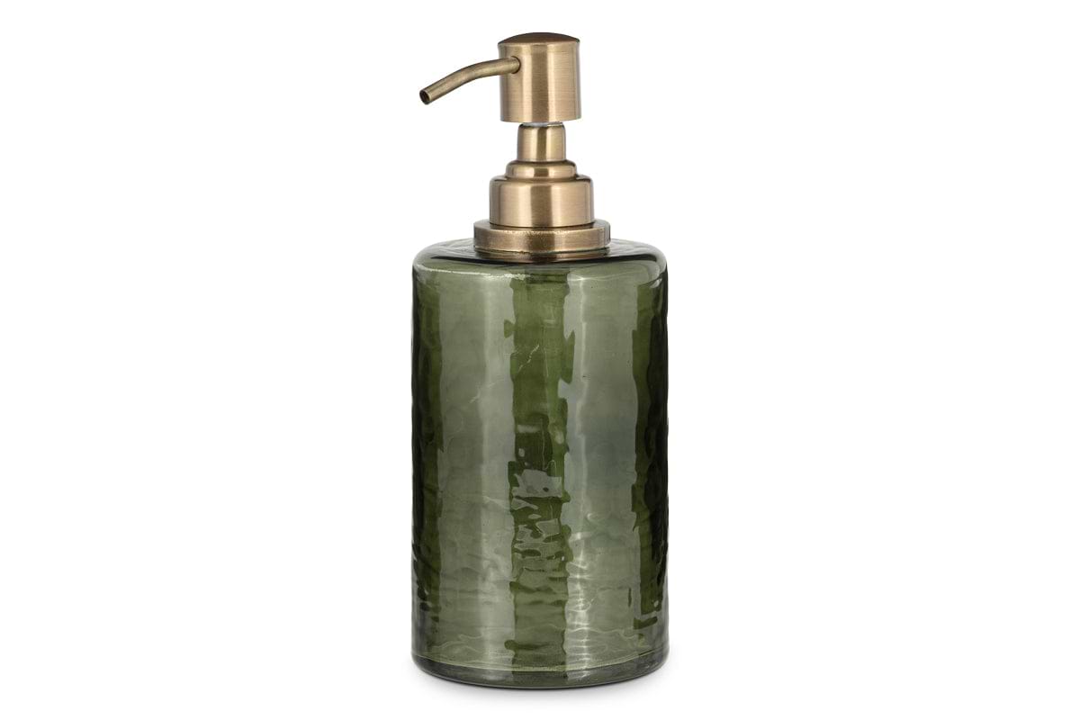 The nkuku Ilcoso Recycled Hammered Glass Soap Dispenser in green features a textured cylindrical design with a metallic gold pump, crafted from recycled glass and shown against a plain white background.