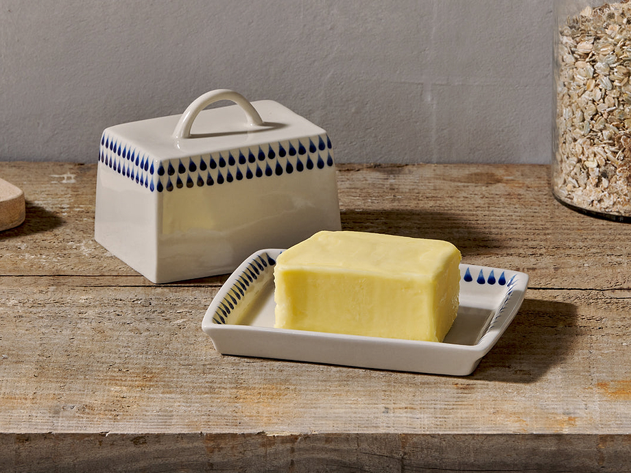 Indigo Drop Butter Dish - Cream & Indigo