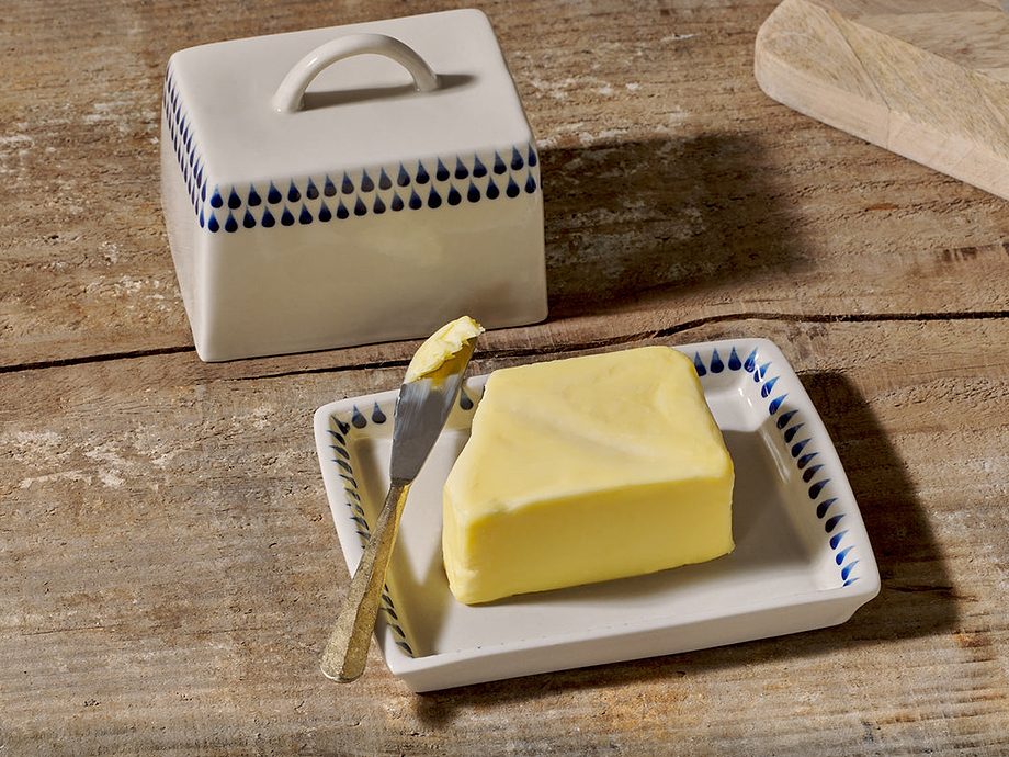 Indigo Drop Butter Dish - Cream & Indigo