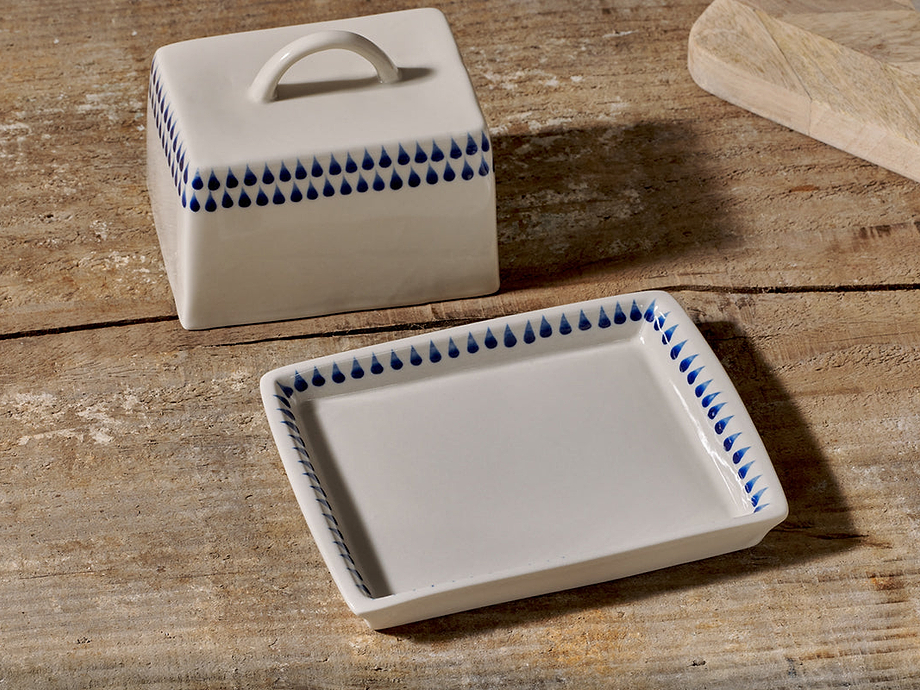 Indigo Drop Butter Dish - Cream & Indigo