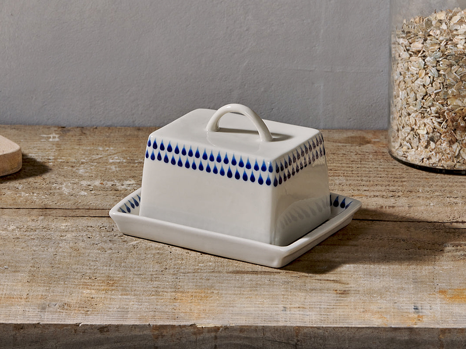 Indigo Drop Butter Dish - Cream & Indigo