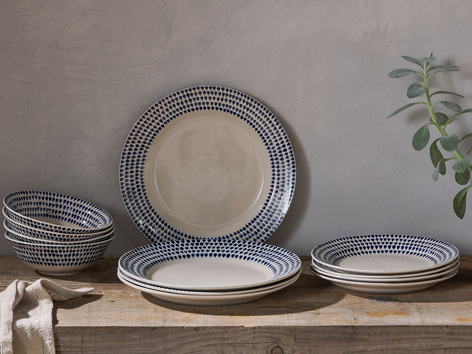 Indigo Drop Dinnerware Set - Cream & Indigo (Set of 12)