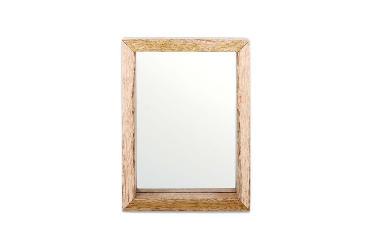 The Indu Standing Mango Wood Frame - Natural by nkuku features a rectangular design with a natural mango wood finish that showcases the grain. Its clean mirror surface beautifully complements the sustainable frame against a plain white background.