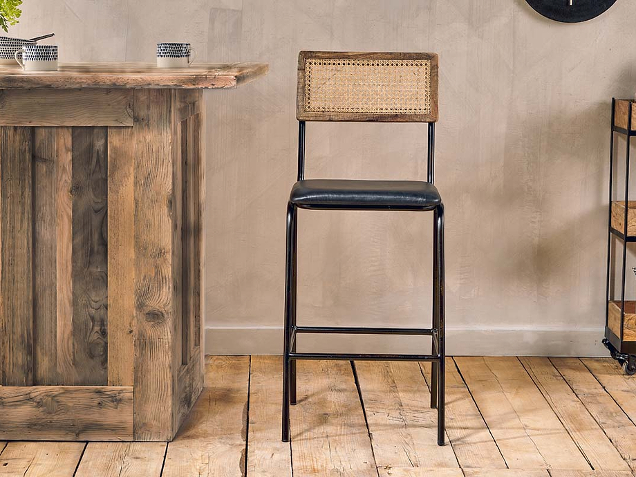 Iswa Leather & Cane Counter Chair - Aged Black