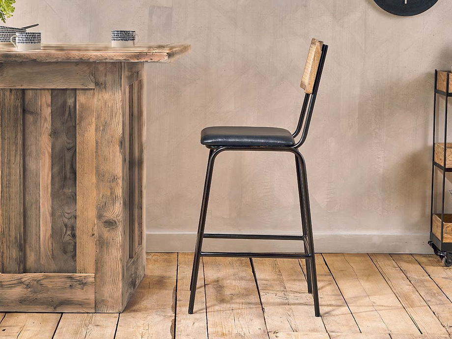 Iswa Leather & Cane Counter Chair - Aged Black