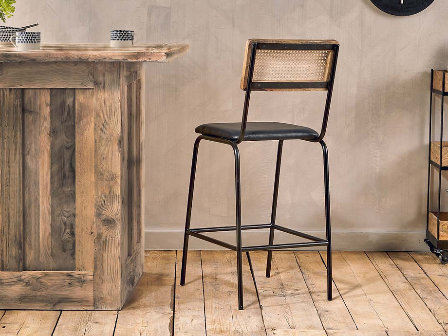 Iswa Leather & Cane Counter Chair - Aged Black