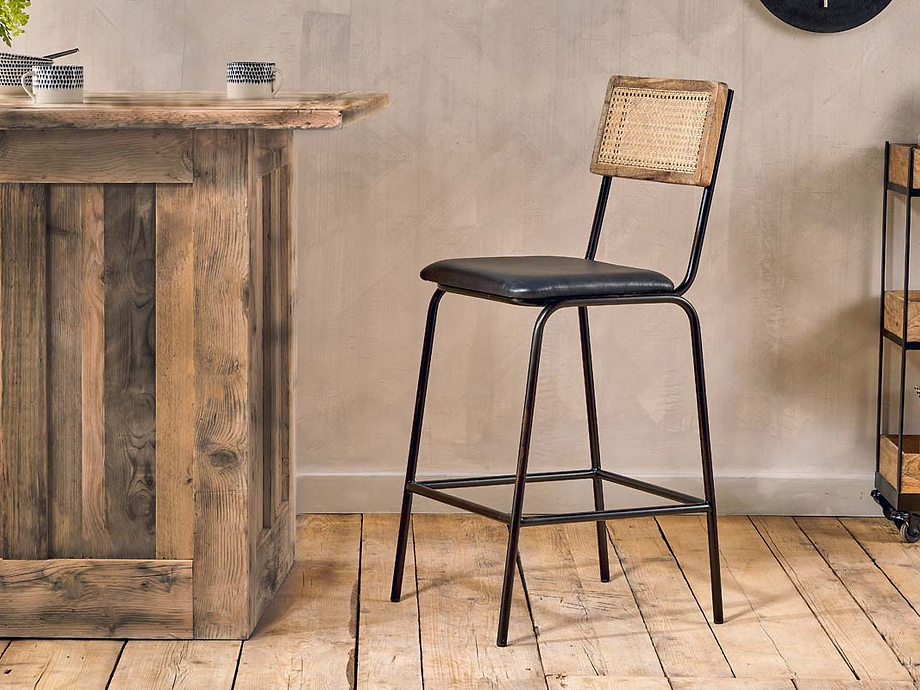 Iswa Leather & Cane Counter Chair - Aged Black