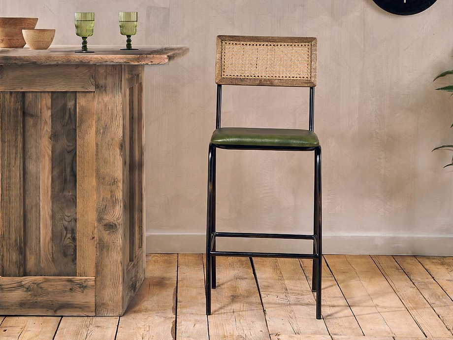 Iswa Leather & Cane Counter Chair - Rich Green