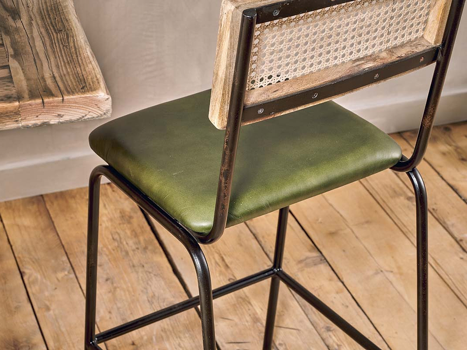 Iswa Leather & Cane Counter Chair - Rich Green