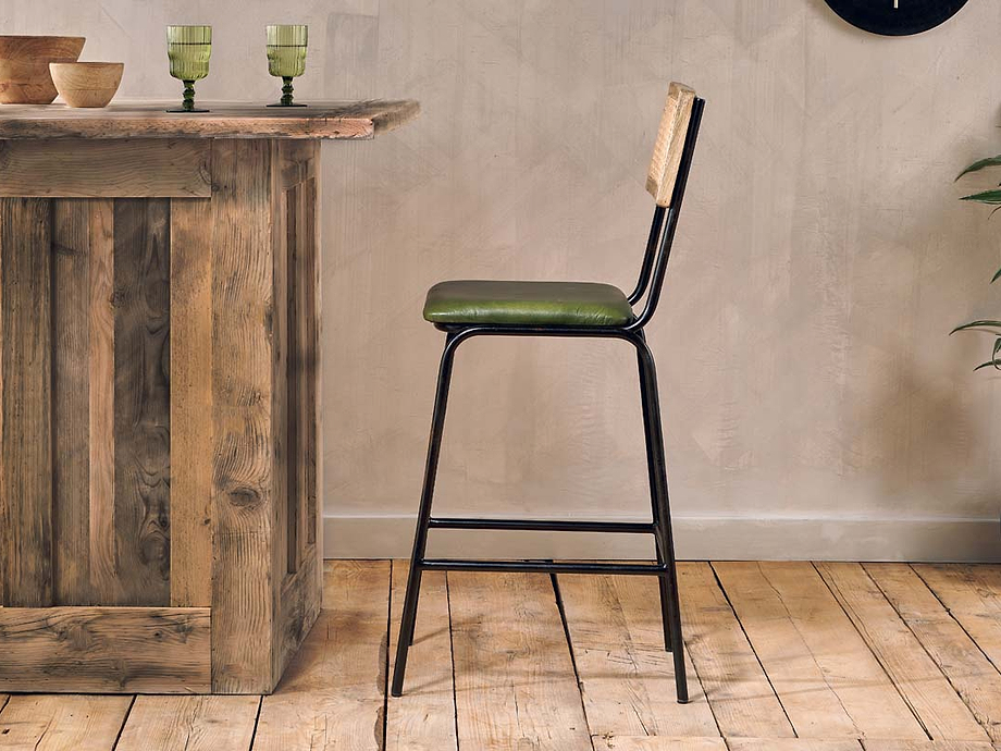 Iswa Leather & Cane Counter Chair - Rich Green