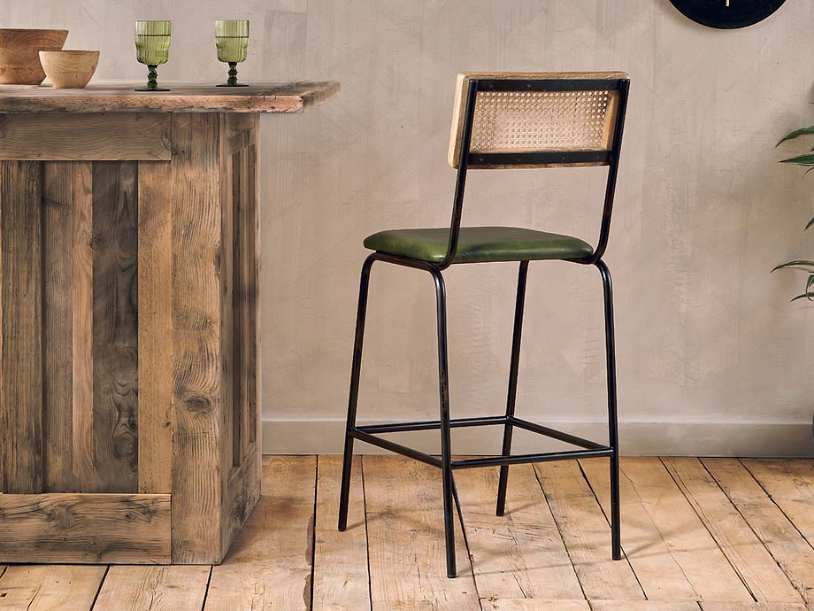 Iswa Leather & Cane Counter Chair - Rich Green