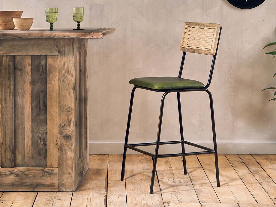 Iswa Leather & Cane Counter Chair - Rich Green