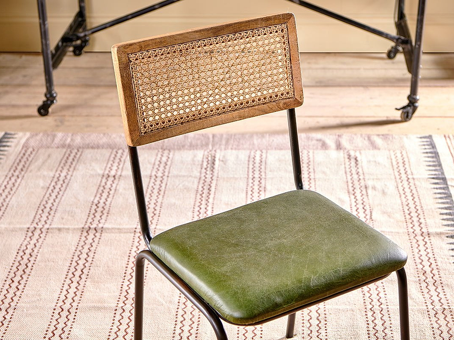 Iswa Leather & Cane Dining Chair - Green