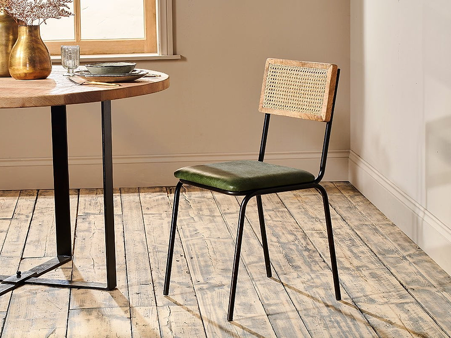 Iswa Leather & Cane Dining Chair - Green