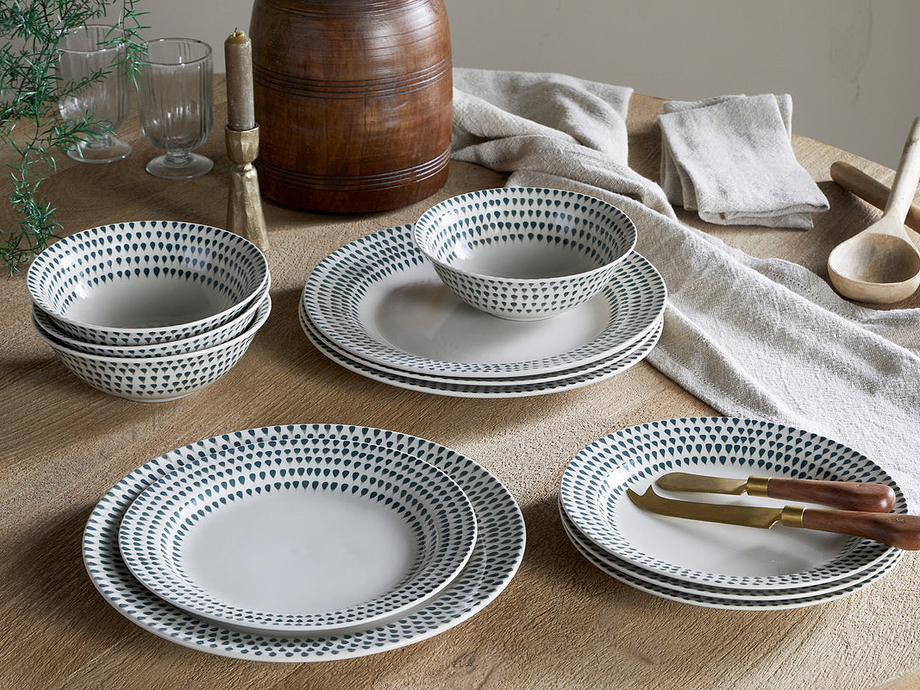 Juniper Drop Dinnerware Set - Cream & Juniper (Set of 12)