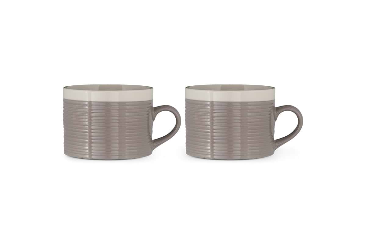 The Kai Mugs - Grey (Set of 2) by nkuku feature contemporary ribbed detail, cream interiors, small loop handles, and a stylish two-tone finish—perfect for modern coffee moments.