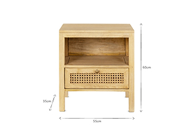 The nkuku Kanz Mango Wood Bedside Table features an open shelf above a drawer with a handwoven cane front and round brass knob. Sized at 55cm W x 35cm D x 60cm H, it’s a stylish, sustainable choice for your bedroom.
